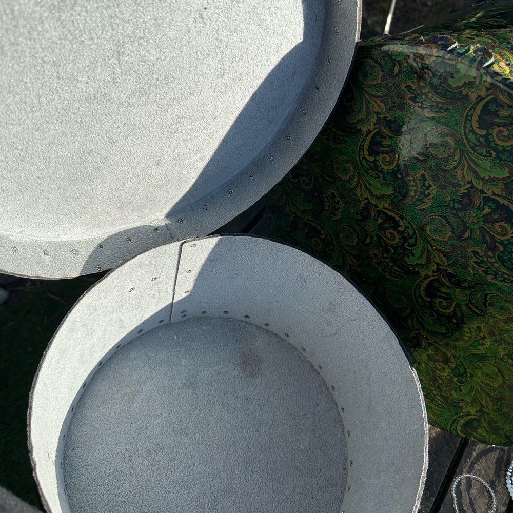 SALE 2 Nesting Vinyl Hat Trunks, Green Paisley. $125. Now: 2 @$70. - Picture 3 of 7